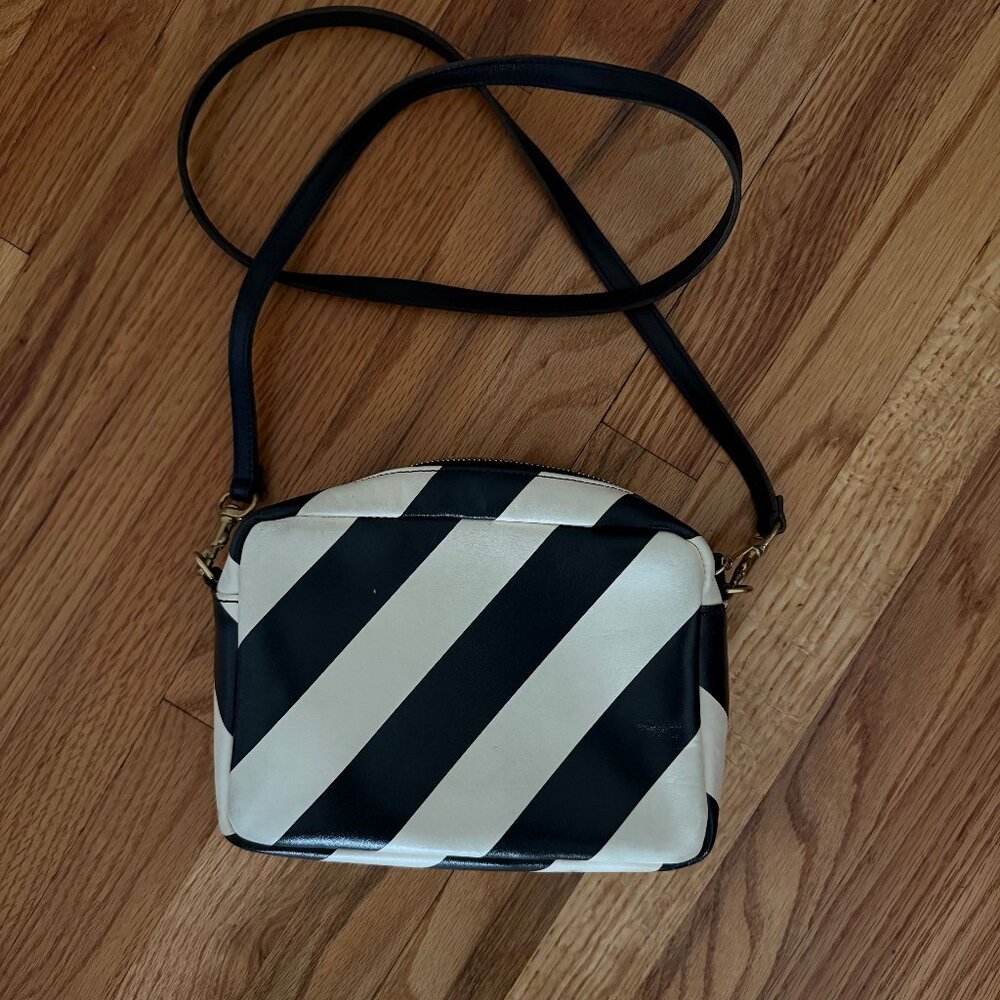 Clare V Black & Cream Striped Midi Crossbody Bag